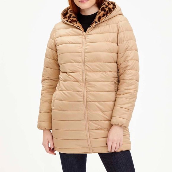 NWT  REVERSIBLE Jessica Simpson | Champagne & Leopard Hooded Puffer Coat - L - Picture 1 of 3